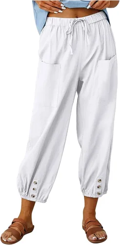 Vista 26 de Pantalones capri de cintura alta con cordón y botón de algodón suelto casual con bolsillos para mujer