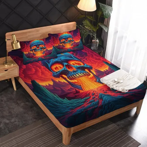 Vista 2 de Juego de sábanas de calavera tamaño individual, sábanas de microfibra suave con bolsillo profundo, sábanas y fundas de almohada estampadas sin
