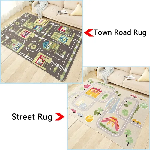 Vista 6 de Alfombra de juegos para niños para autos de juguete y tren, alfombra de área de juegos con respaldo de goma, divertida alfombra decorativa, regalo