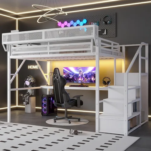 Vista 15 de Mirightone Cama elevada de tamaño completo con escaleras, camas elevadas de metal, estructura de cama elevada con estantes de almacenamiento, cama