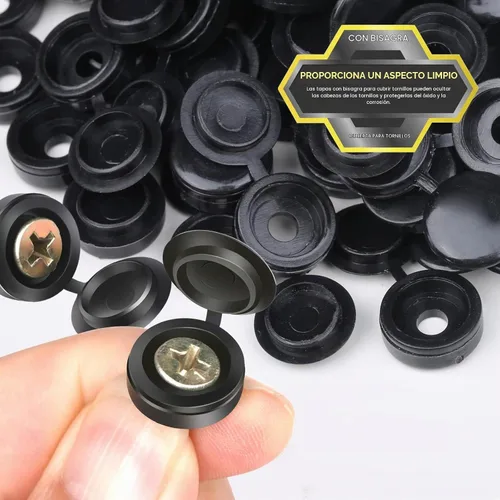Vista 3 de 150 tapas de rosca, cubiertas de plástico negro con bisagras, tamaño S, se adapta a tornillos #6/#8 (M3/M4), 150 piezas