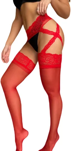 Vista 4 de Medias de red para mujer, medias de encaje con tirantes, medias negras de red de pescado, medias de encaje Negro