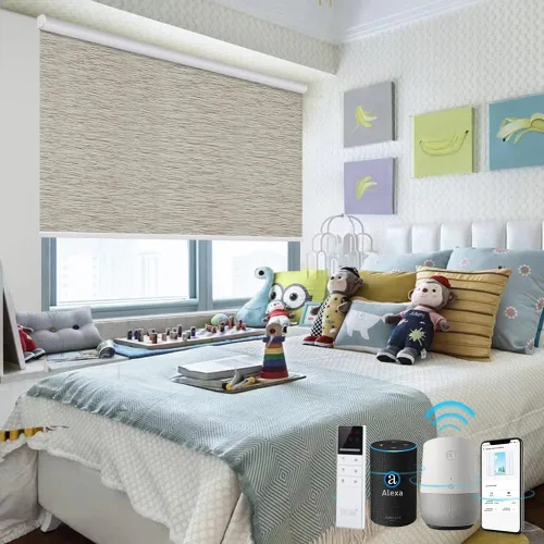 Vista 9 de TIPIACE Persianas motorizadas recargables compatibles con Alexa Google Home a través del concentrador, control remoto, opacas, de tela jacquard