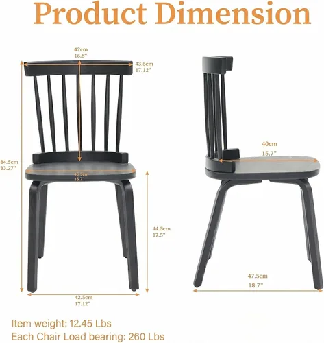 Vista 2 de Black Windsor - Juego de 2 sillas de comedor de madera con respaldo de husillo, sillas de comedor de madera maciza para cocina, comedor, sala