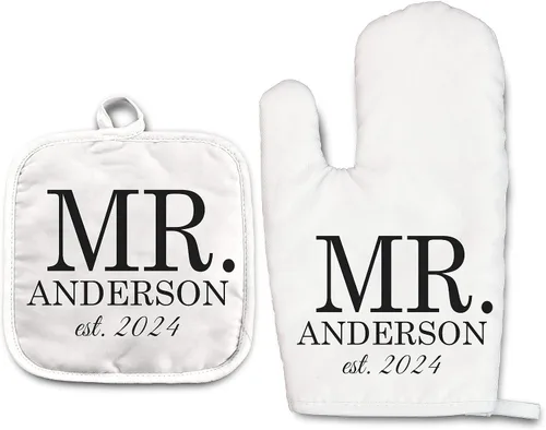 Vista 29 de Angela's Kitchen - Juego de guantes de horno personalizados y soporte para ollas Regalos de cocina personalizados Inauguración de la casa