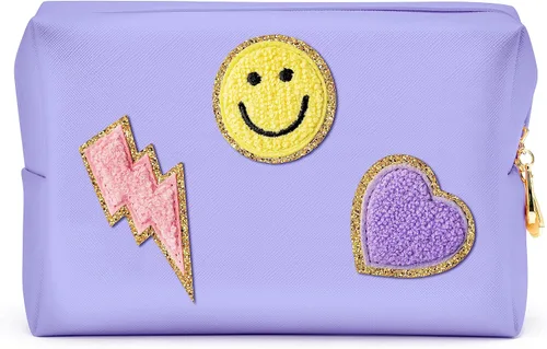 Vista 8 de LieToi - Bolsa de aseo pequeña con parche preparado, sonrisa, relámpago, corazón, arcoíris, de piel sintética, bolsa de maquillaje impermeable Azul