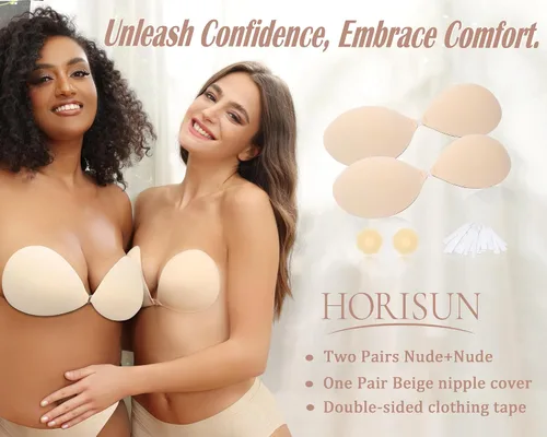 Vista 5 de HORISUN Brasier adhesivo sin tirantes, 2 pares de sujetadores con realce para mujer, invisible, reutilizable, sin espalda, con cubiertas