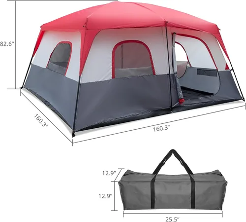Vista 2 de Tienda grande para 14 personas, 169.3 * 169.3 * 82.7 in poliéster tela de fibra de vidrio postes puede acomodar 14 personas tienda de campaña rojo