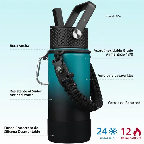 Vista 2 de BJPKPK - Botella de agua con tapa de popote, botellas de agua aisladas de 18 onzas con 3 tapas, asa de cuerda de paracaídas y base antideslizante