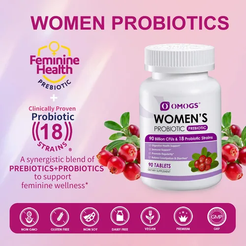 Vista 6 de OMOGS 2 probióticos para mujer, con extracto de arándano, prebióticos orgánicos y vitamina C, 90 mil millones de UFC, 18 cepas, ayudan a aumentar
