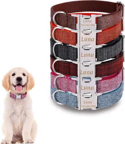 Vista 13 de Collar de perro personalizado con placa de nombre, ajustable resistente nailon personalizable collar de identificación grabado con hebilla de metal