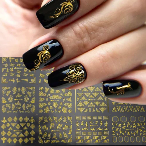 Vista 8 de 30 hojas de calcomanías de arte de uñas doradas, autoadhesivas 3D, calcomanías de diseño de uñas, gotas de agua, línea de flores, estrellas