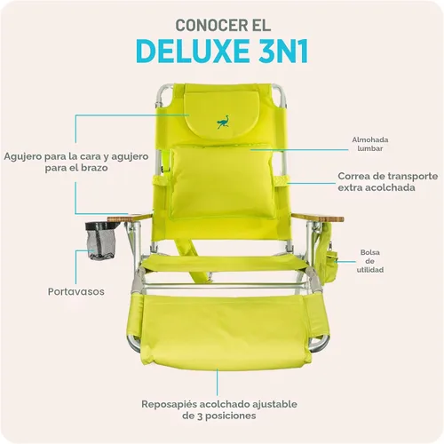 Vista 6 de Ostrich Silla reclinable de salón, Tumbona plegable de lujo para exteriores 3 en 1, Verde Lima - Reclinador compacto y portátil para bronceado