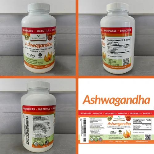 Vista 9 de Ashwagandha orgánica certificada por UDAF con pimienta negra, 1965 mg - Extra fuerte para el estrés, el sueño, el estado de ánimo, la tiroides