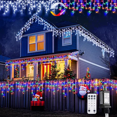 Vista 23 de JMEXSUSS 400 luces LED de Navidad de carámbano de 38.8 pies con control remoto, tira de luces multicolor para exteriores enchufables, 8 modos