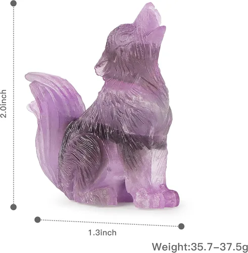 Vista 6 de Figura decorativa de lobo de cola grande de amatista de 2.0 pulgadas, piedras curativas, escultura tallada, adornos de lobo de cristal con caja