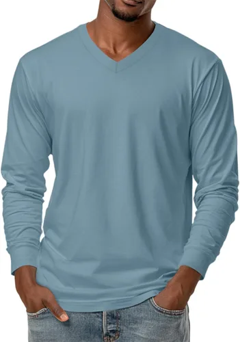 Vista 6 de Camiseta para hombre, manga larga, cuello en V, color liso, informal, básica, suave, elástica, M-3XL