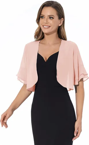 Vista 4 de Cárdigan tipo bolero de manga 34 para mujer, de gasa suave, con frente abierto, para vestido de noche