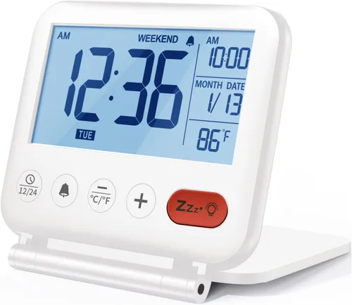 Vista 10 de NOKLEAD Reloj despertador digital de viaje para dormitorio y oficina: pequeño reloj de escritorio LCD con luz de fondo, fecha, temperatura