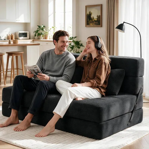 Vista 2 de Sofá cama convertible, sofá cama plegable de dos plazas, futón, sofá cama Negro