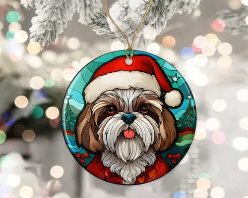 Vista 2 de Shih Tzu - Adorno de cerámica de vitrales de Navidad, adorno colgante para árbol de Navidad, adorno de vitral de perro, adorno religioso