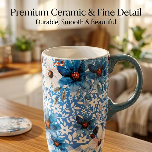 Vista 3 de Topadorn Taza de Cerámica para Café de Porcelana Latte Taza de Té con Tapa en Caja de Regalo 17oz, Flores Azules