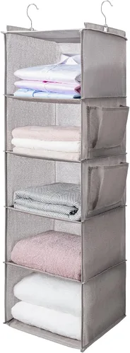 Vista 8 de BOOMIBOO Organizador de armario colgante y estantes, 5 estantes colgantes con 2 bolsillos laterales, almacenamiento plegable (beige)