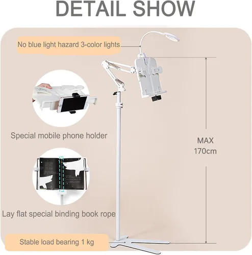 Vista 2 de Buhelyc Soporte de libro para cama, luz de libro y 2 clips de resorte, con soporte para teléfono, soporte de música de mesa de brazo largo, ángulo