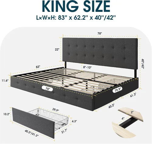 Vista 83 de WEEWAY Base de cama de plataforma tamaño King con 4 cajones de almacenamiento, cabecera capitonada con botones de costura de diamante, base de Negro