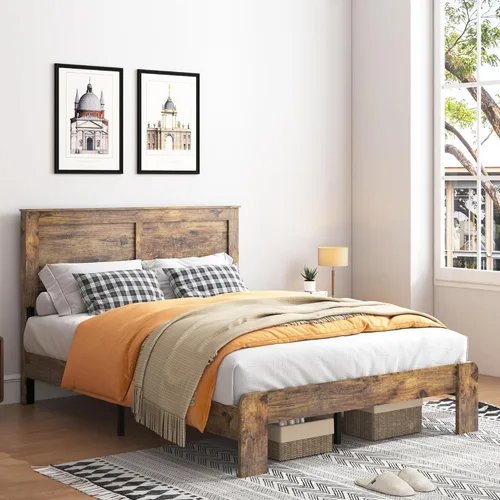 Vista 4 de Marco de cama tamaño matrimonial con cabecero, color marrón oscuro Marco de cama de plataforma de madera rústica con soporte de 12 listones