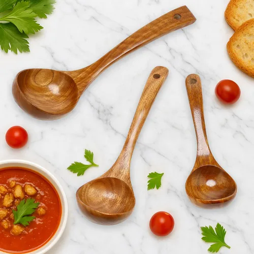 Vista 7 de Paquete de 3 cucharones de madera para servir, cucharón de sopa, cucharón de madera para cocinar, cucharón grande, herramientas de cocina