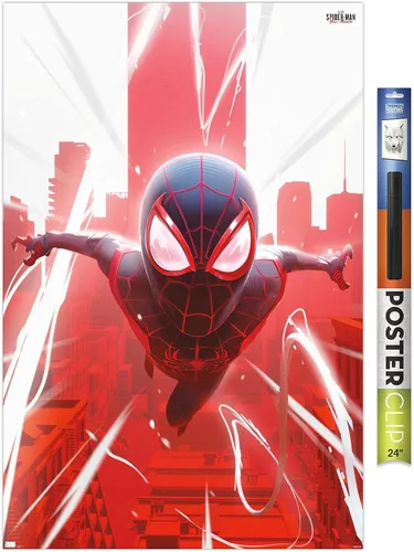Vista 14 de Marvel's Spider-Man: Miles Morales - Póster de Falling Wall, 22.4 pulgadas de largo x 14.7 pulgadas de ancho, versión enmarcada de madera de granero