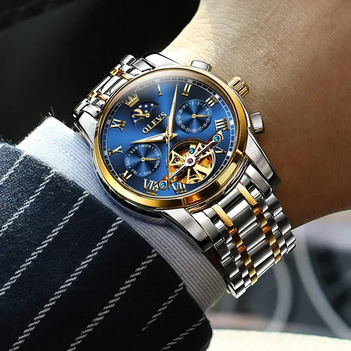 Vista 5 de OLEVS - Reloj mecánico automático Tourbillon Slef-Wind lujoso de acero inoxidable resistente al agua luminoso y con fecha
