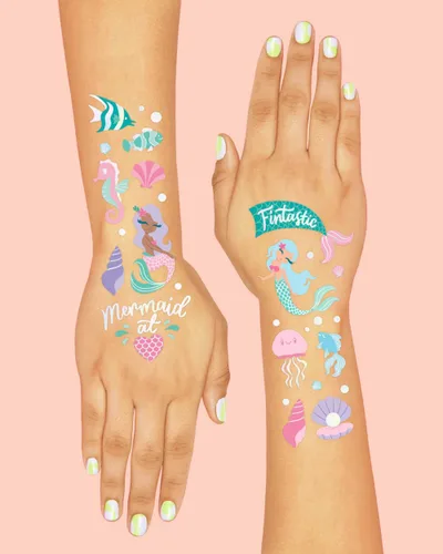 Vista 4 de xo, Fetti Tatuajes temporales de sirena bajo el mar, 56 estilos de aluminio iridiscentes, suministros para fiestas de cumpleaños para niños