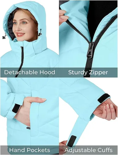 Vista 6 de Skieer Chaqueta de esquí impermeable para mujer, abrigo de invierno cálido para nieve, resistente al viento, con capucha
