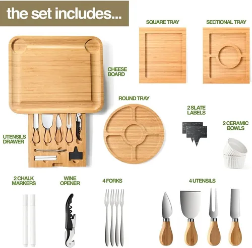 Vista 4 de Juego de regalo de tablas de embutidos de bambú, juego de tablas de carne y queso simple con accesorios de tabla de charcutería, regalos del día