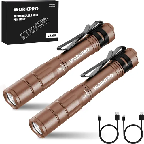 Vista 10 de WORKPRO Luz recargable para bolígrafo, mini linterna, paquete de 2 linternas EDC ultracompactas, linterna de bolsillo con clip, función de memoria