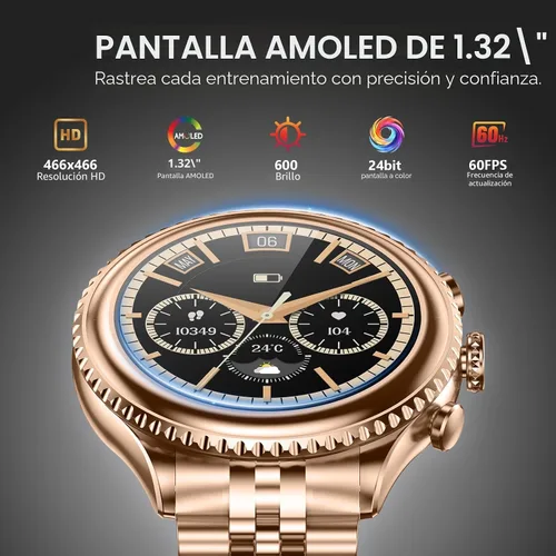 Vista 7 de Reloj inteligente de lujo de alta gama para hombres, esfera giratoria (bisel de corte de hacha) smartwatch, pantalla AMOLED de 1.32 pulgadas Dorado