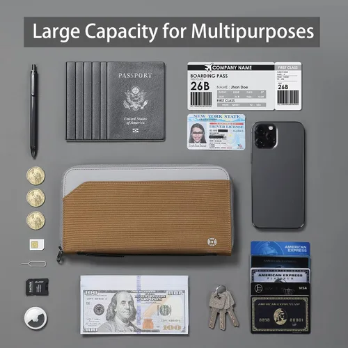 Vista 7 de Soporte para pasaporte de viaje para la familia - Cartera grande para pasaporte de viaje, Marrón claro, Classic