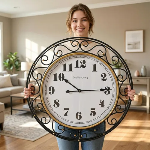 Vista 9 de SwallowLiving 20 Inch Large Metal Wall Clock – Modern Minimalist Decorative Silent Non-Ticking Hanging Clock with Gold Accent Scrollwork Design for