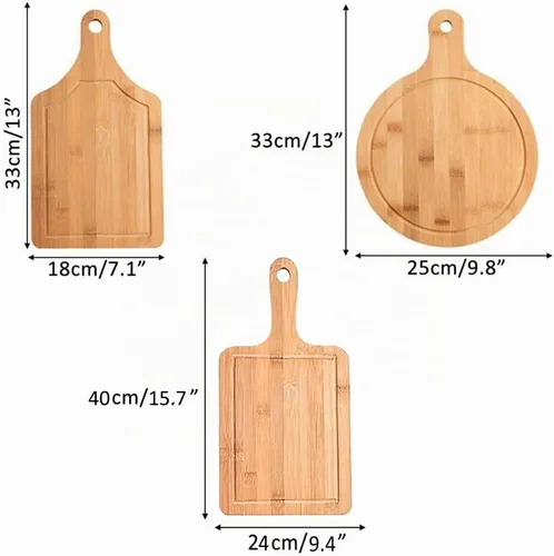 Vista 2 de Juego de tablas de cortar de bambú, 3 piezas, tablas de cortar carne, pala de pizza con mango para hornear pizza casera pan, pastel, frutas