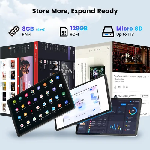 Vista 4 de Azeyou 2025 Tablet Android 14 Actualizada, Tablet de 10.1 Pulgadas Procesadores Octa-Core con 8GB RAM 128GB ROM, Pantalla Táctil IPS, Wi-Fi 6, BT