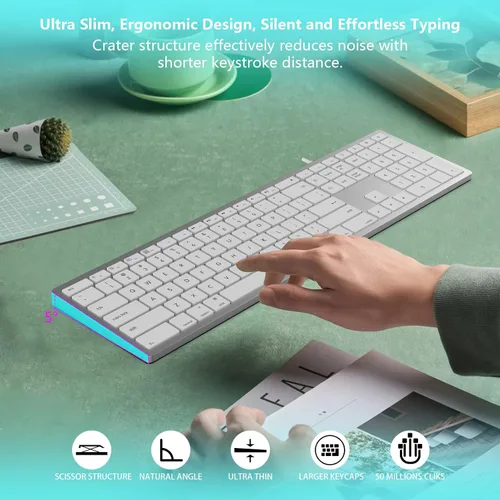 Vista 2 de Teclado con cable para Mac, teclado compatible con Apple, tamaño completo, 20 teclas de acceso directo multimedia, USB A/USB C, para Apple Mac