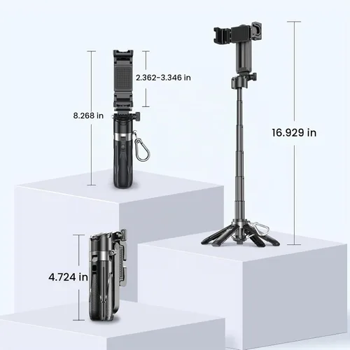 Vista 7 de Trípode para selfie stick con luz de relleno y control remoto Negro