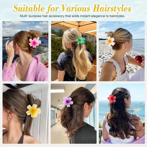 Vista 4 de 6 pinzas para el cabello de flores para mujer, pinzas de pelo de flores hawaianas, pinzas de hibisco hawaiano para cabello fino y grueso, fuerte