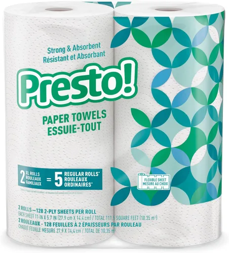 Vista 8 de Presto! Toallas de papel, 128 hojas, 6 rollos Flex-a-Size Rollo familiar 3 paquetes de 2 Blanco