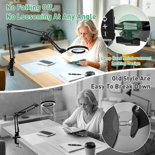 Vista 7 de Lupa 12X con luz con abrazadera, brazo largo extendido de 35.2 pulgadas Overhead Button Magnifier Lamp 4.2in Real Glass, Adjustable