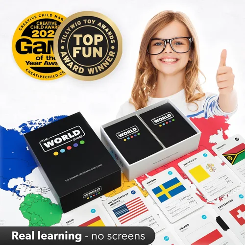 Vista 3 de The World Game - Juego de cartas de geografía - Juego de mesa educativo para niños, familia y adultos - Idea de regalo de aprendizaje genial