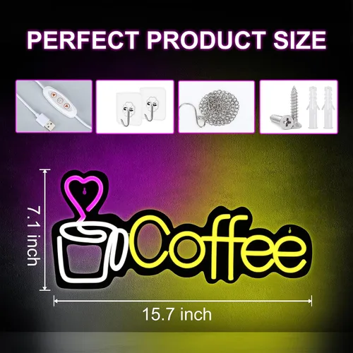 Vista 3 de Letrero de neón de café con luces LED para negocios, regulable, 5 V, alimentado por USB, para decoración de pared, letrero de luz LED para club