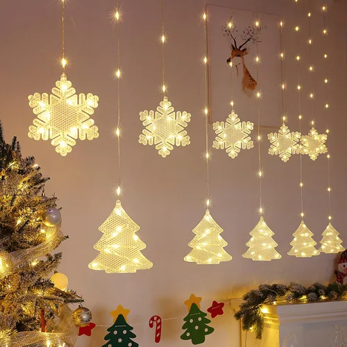 Vista 12 de BLOOMWIN Luces de ventana de decoración de Navidad de 10 pies, 12 copos de nieve, luces de carámbano, luces USB de cortina de Navidad para Copos